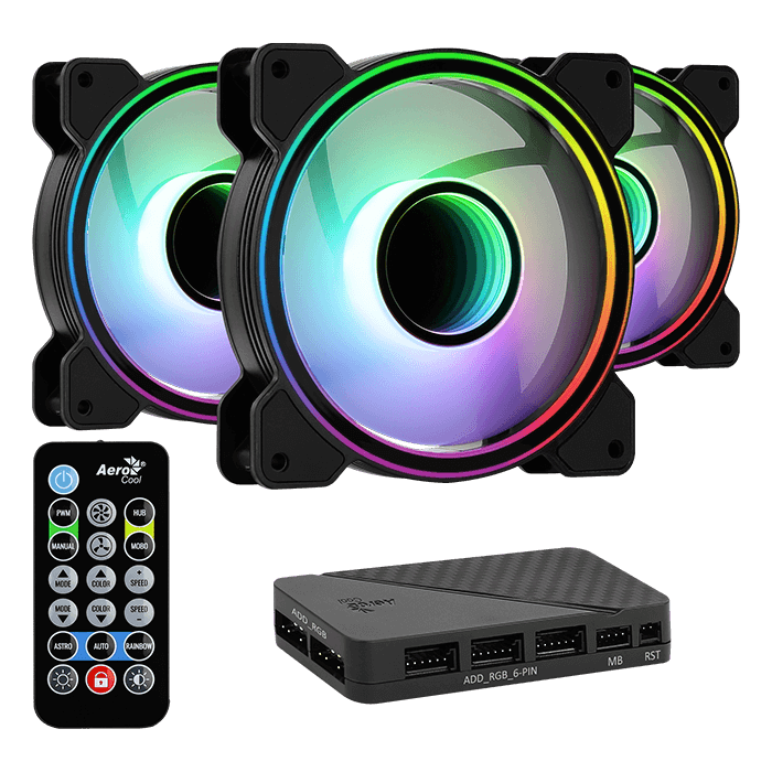 Lot de 3 Ventilateurs de boitier Aerocool Mirage Pro RGB 12cm (Noir) avec hub et télécommande