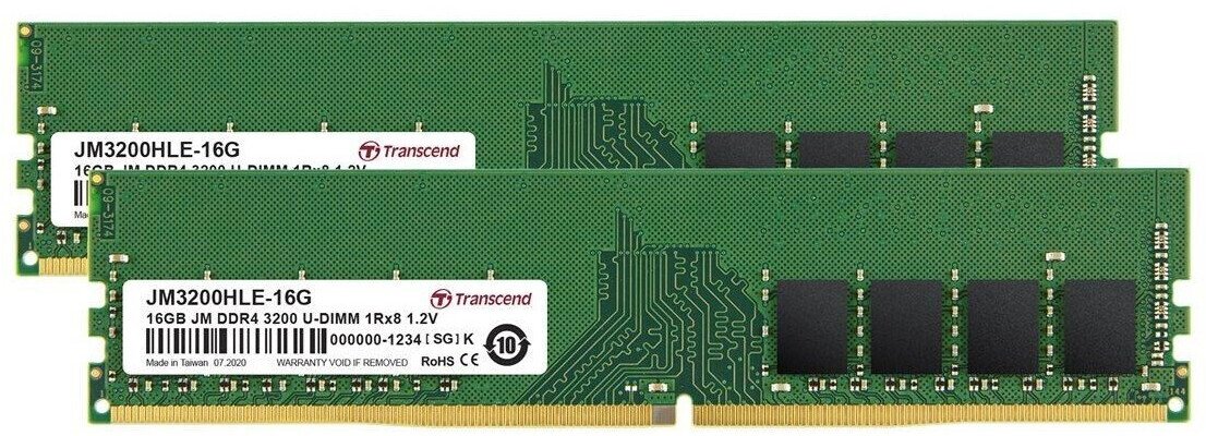 Kit Barrettes mémoire 32Go (2x16Go) DIMM DDR4 Transcend JetRam 3200Mhz (Vert)